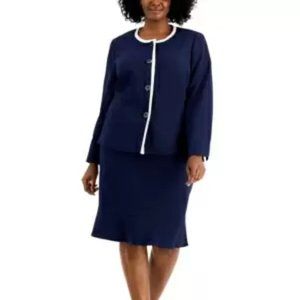 Le Suit Navy Blue Blazer and Skirt Set with White Trim